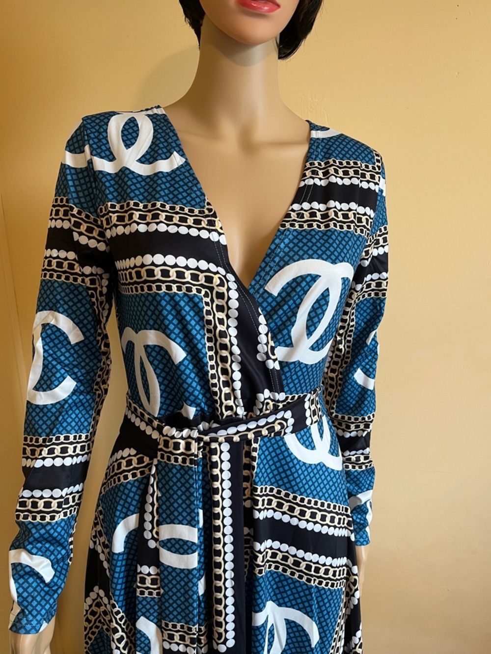 CHANEL Blue and White Long Sleeve Logo Wrap Dress - Picture 2 of 5